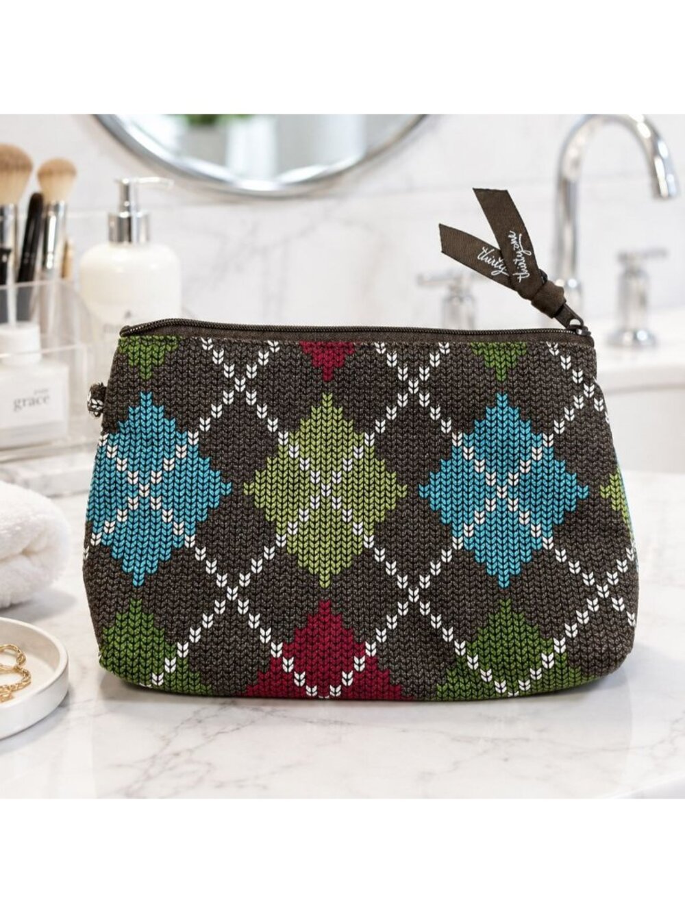 Thirty-One WINDSOR Argyle Zip Cosmetic Case Brown Wristlet, Lined 8 x 5 " - 31